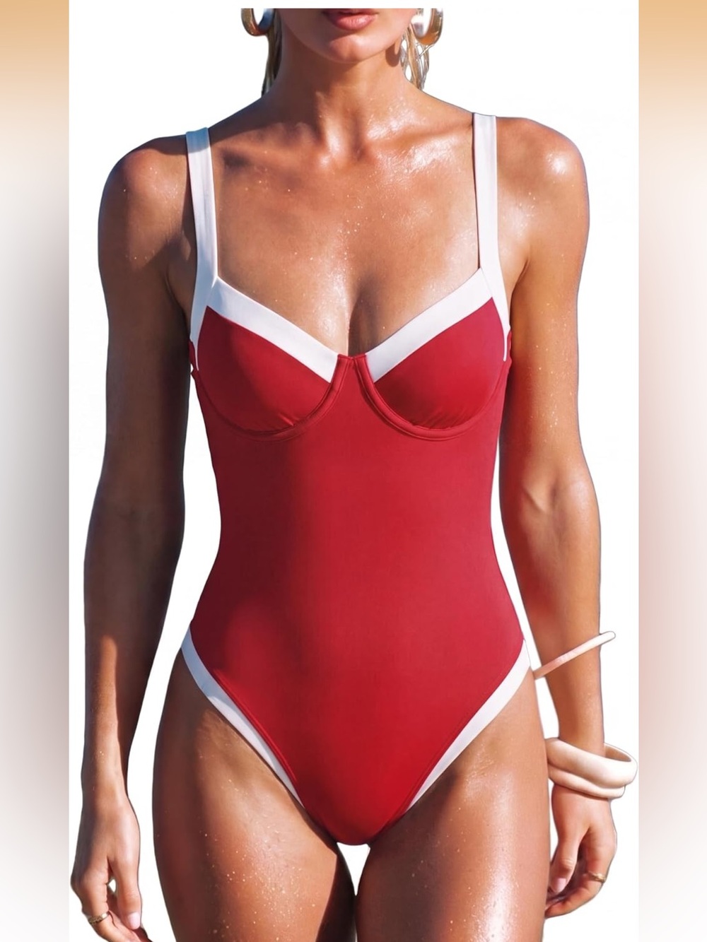 Red Contrast-Trim One-Piece Swimsuit with Supportive Cups